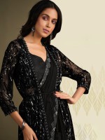 Elegant Black Crepe Silk Sequins Readymade Saree With Net Jacket